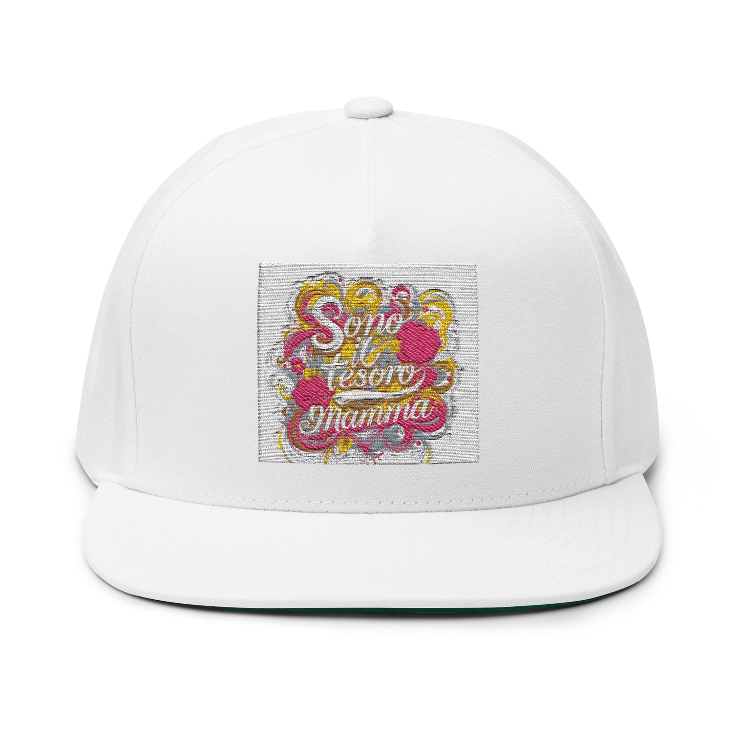 Embroidered Floral Script Flat Bill Cap – “Molto Figo”
