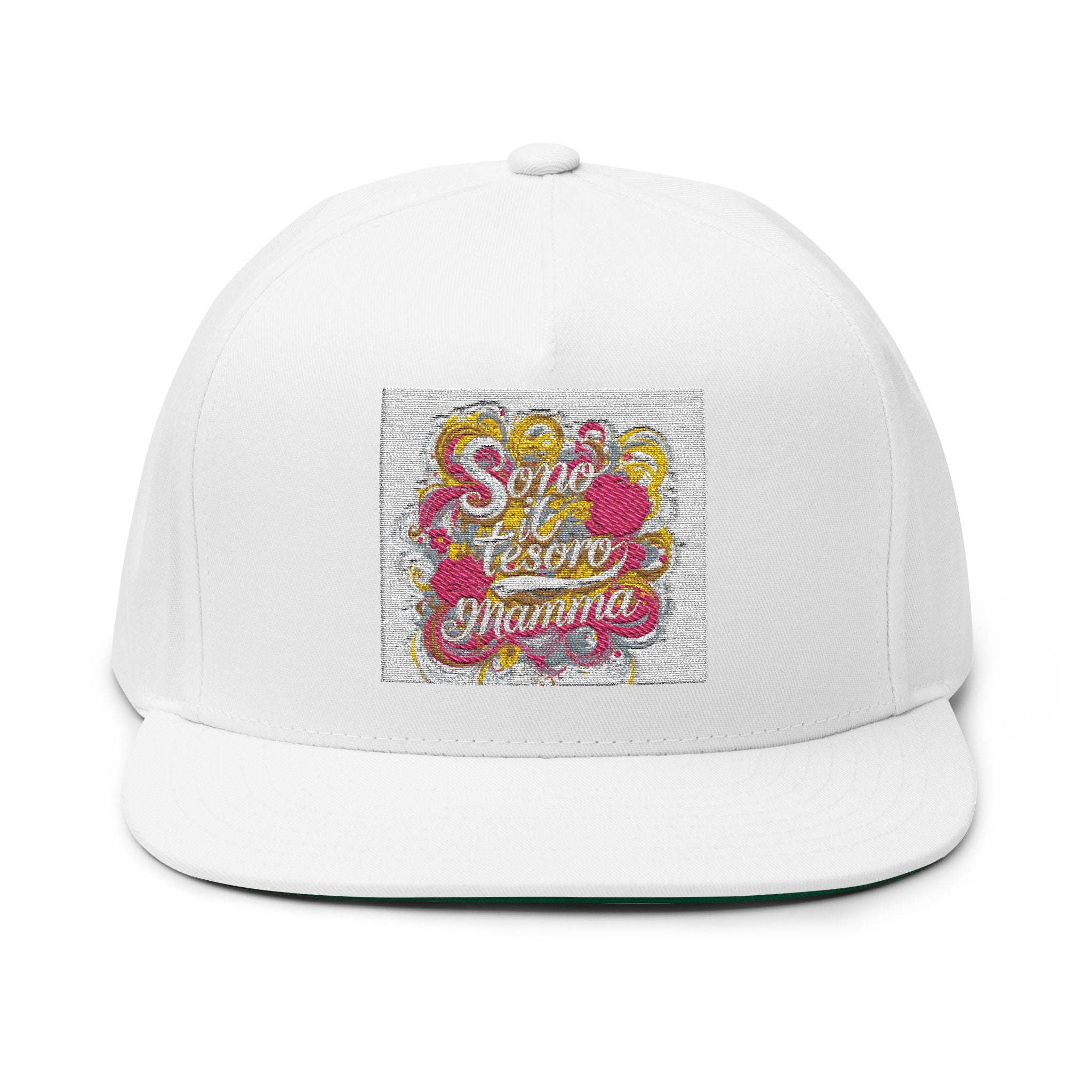 Embroidered Floral Script Flat Bill Cap – “Molto Figo”