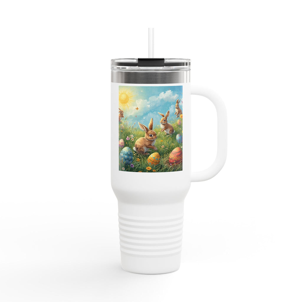 40oz Insulated Travel Mug — Easter Bunny & Colorful Eggs Spring Design