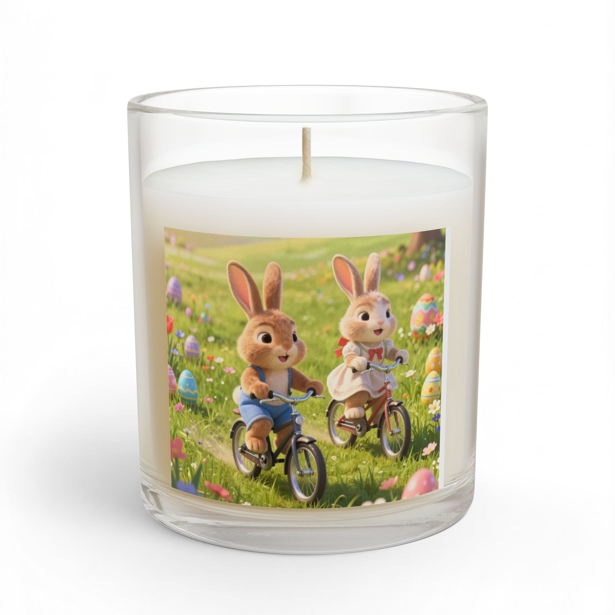 Easter Bunny Couples Glass Candle — Cute Spring Bunny Bike Ride