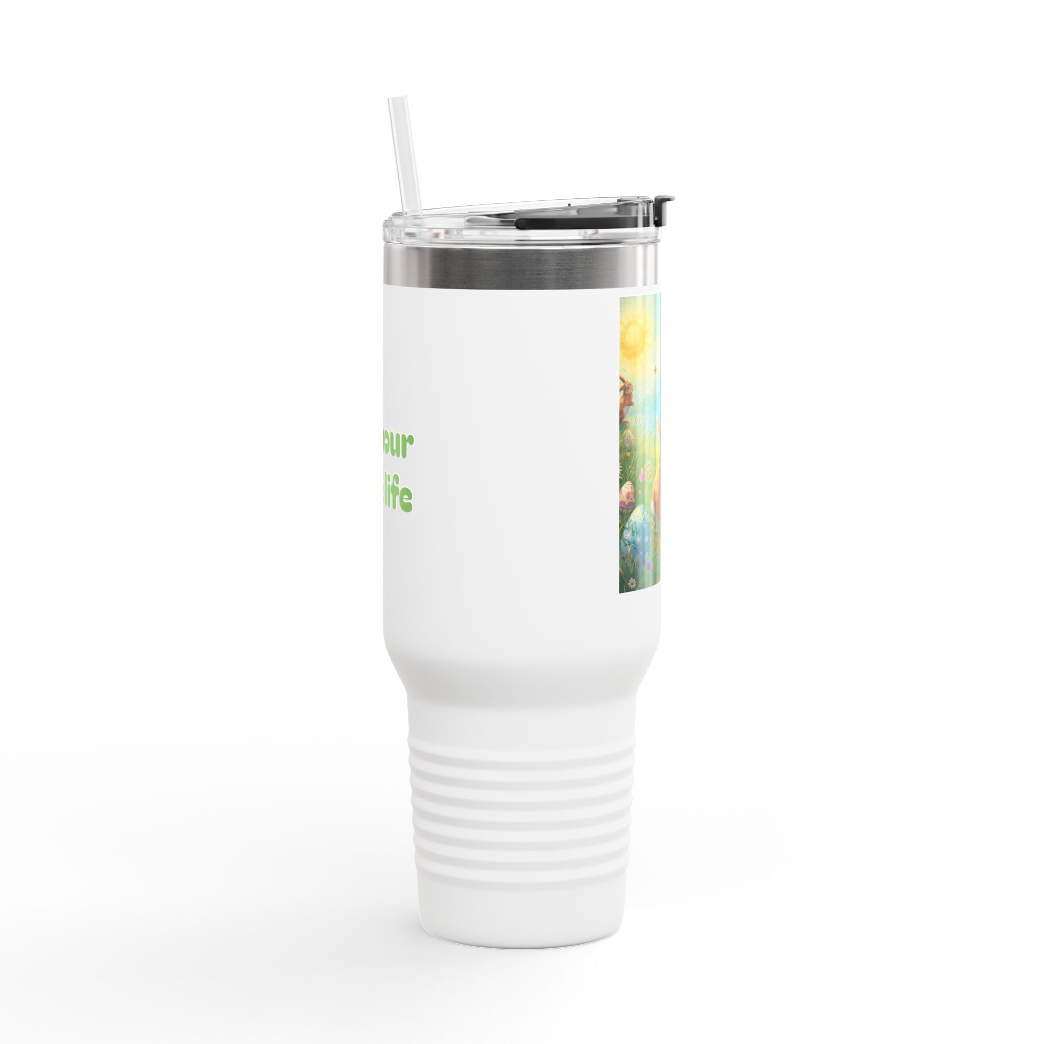 40oz Insulated Travel Mug — Easter Bunny & Colorful Eggs Spring Design